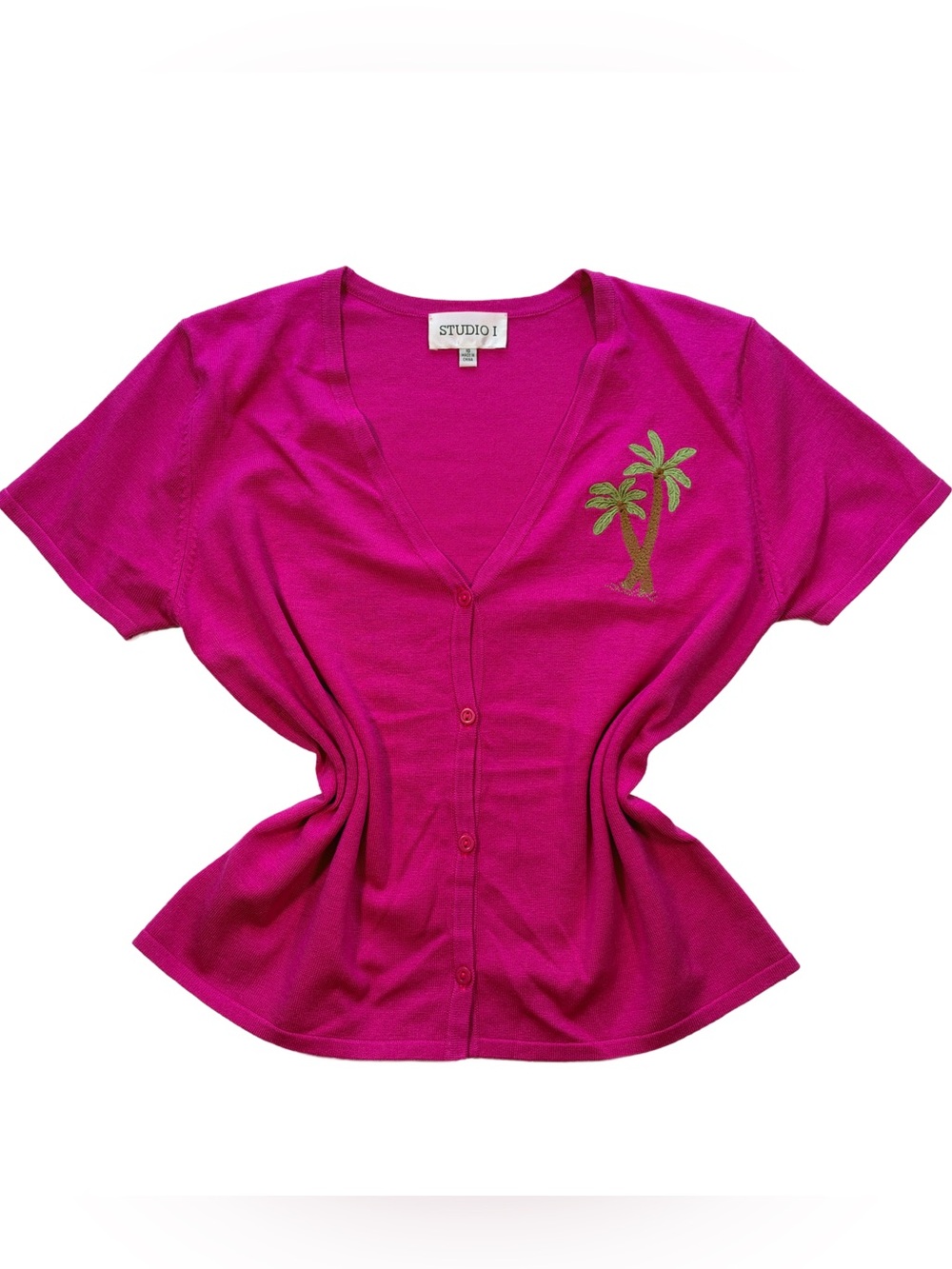 90s Vintage Studio I Hot Pink Short-Sleeve Cardigan with embroidered Palm Tree